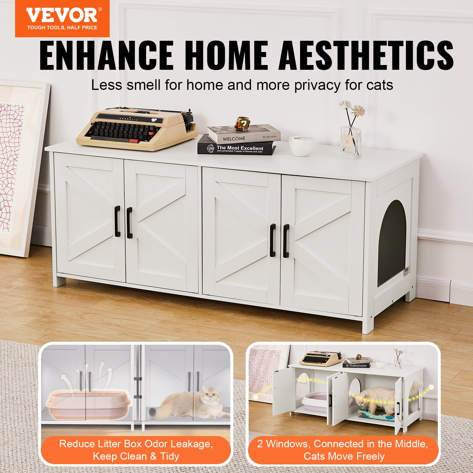 VEVOR Cat Litter Box Enclosure for 2 Cats, Litter Box Furniture Hidden with Double Rooms, Wooden Cat Box Cabinet Fit Most of Litter Box, 47.2"L x 18.5"W x 19.7"H, White
