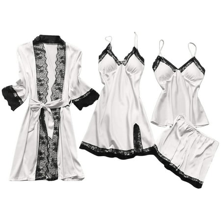gakvbuo Plus Size Lingerie For Women S Silk Satin Pajamas Nightdress 4 Pieces Floral Lace Cami Top Babydoll Sleepwear Set Lingerie Pajama Set With Kimono Cardigan Robe