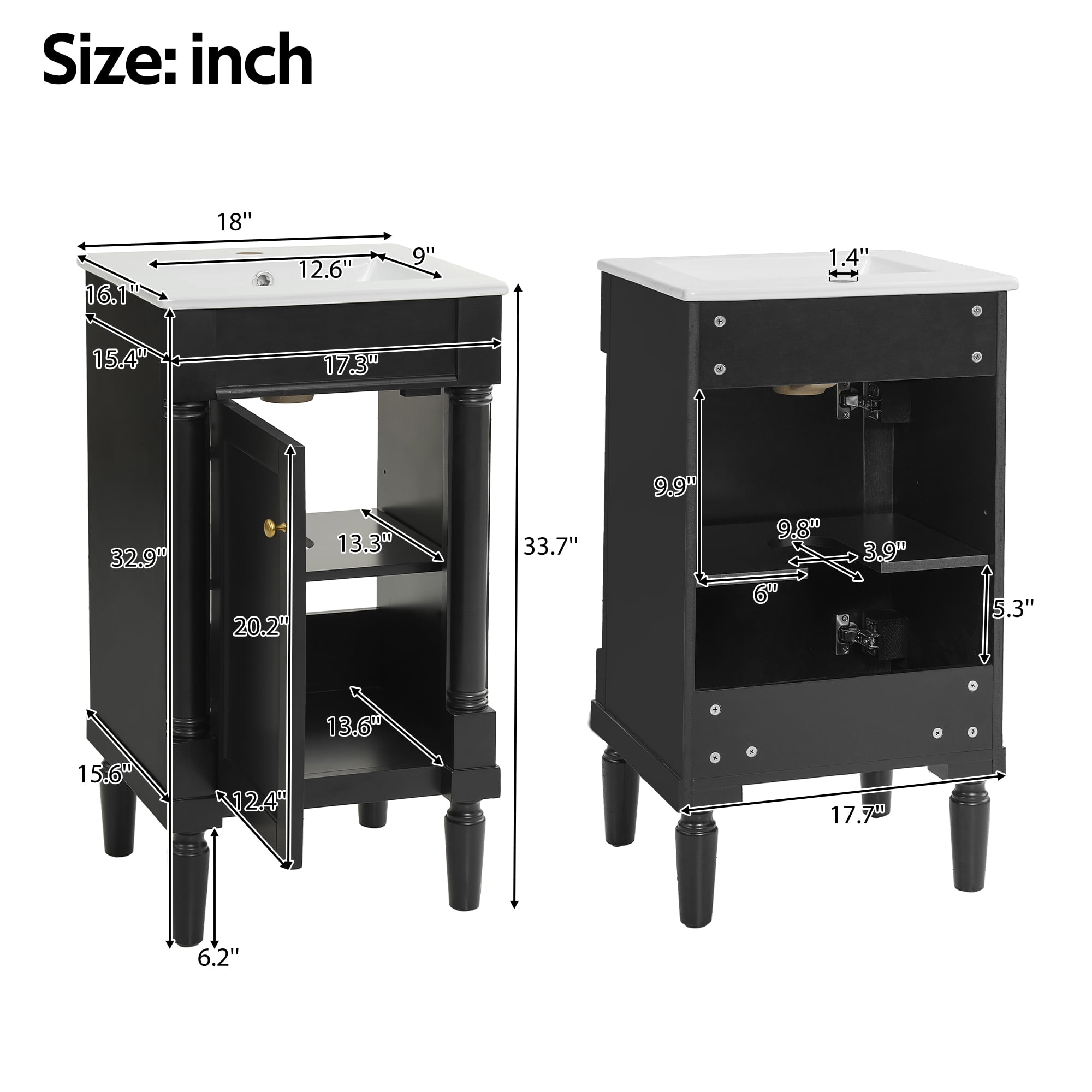Euroco 18" French Style Bathroom Cabinet with Storage, Small Space Solution with Ceramic Sink, Adjustable Shelf, Soft-Closing Hinges