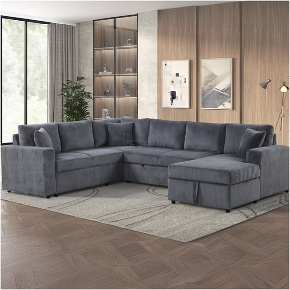 JERFIT Convertible Sleeper Sectional Sofa with Storage Chaise, U-Shaped Couch Bed for Living Room, Soft Gray Corduroy Fabric with Pillows