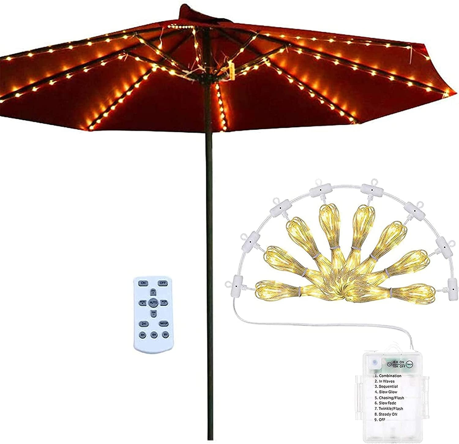 Patio Umbrella Lights 3AA Battery Operated String Light with Remote Control 8 Brightness Modes 104 LEDs Waterproof Outdoor LED Umbrella Lights for Pole Camping
