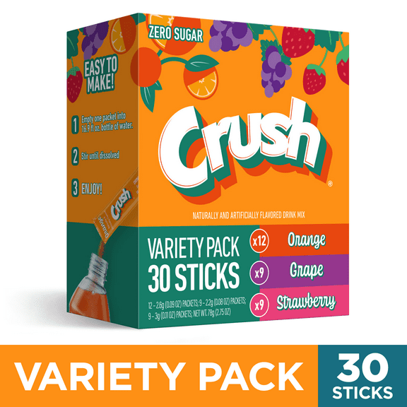 Crush Powdered Drink Mix Variety Pack, Orange, Grape & Strawberry, Sugar-Free, 30-Count