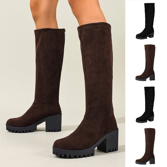 Women's Knee High Boots Pointed Toe Chunky Block Heel Tall Boots with Back Zipper Long Boot Coffee 9.5(43)