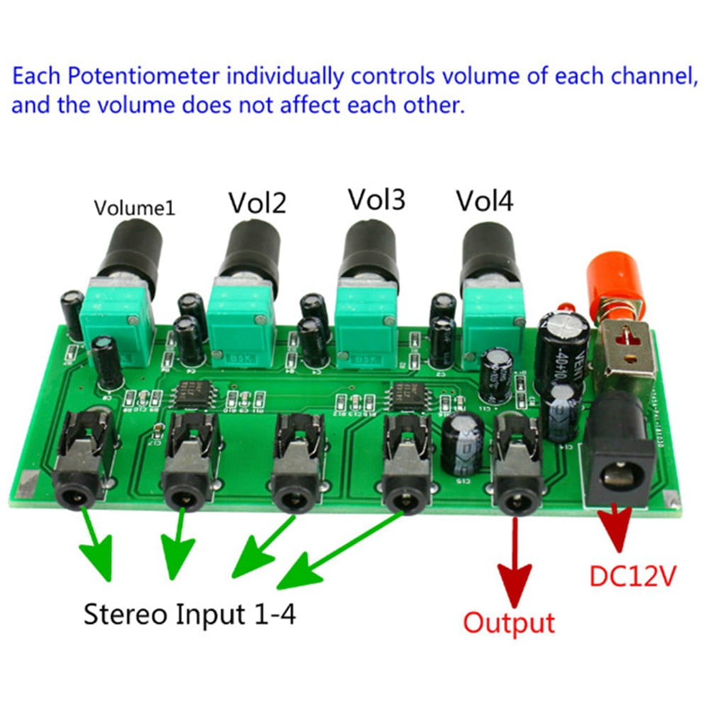 2X Stereo Mixer (4 Input ,1 Output ) Individually Controls Board DIY Headphones Amplifier Case DC12V,2 x stereo audio mixing board,blue