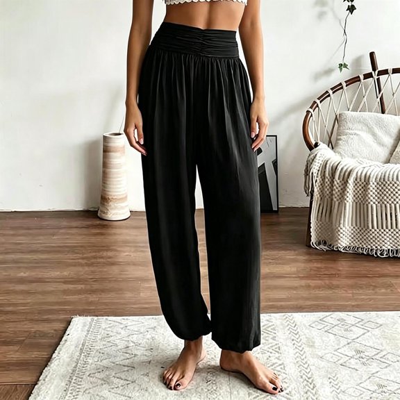 Hfnxid Womens Wide Leg Pants Loose Yoga Athletic Trousers Stretch Casual Workout Trouser Solid Color Jogger Pant Black,L