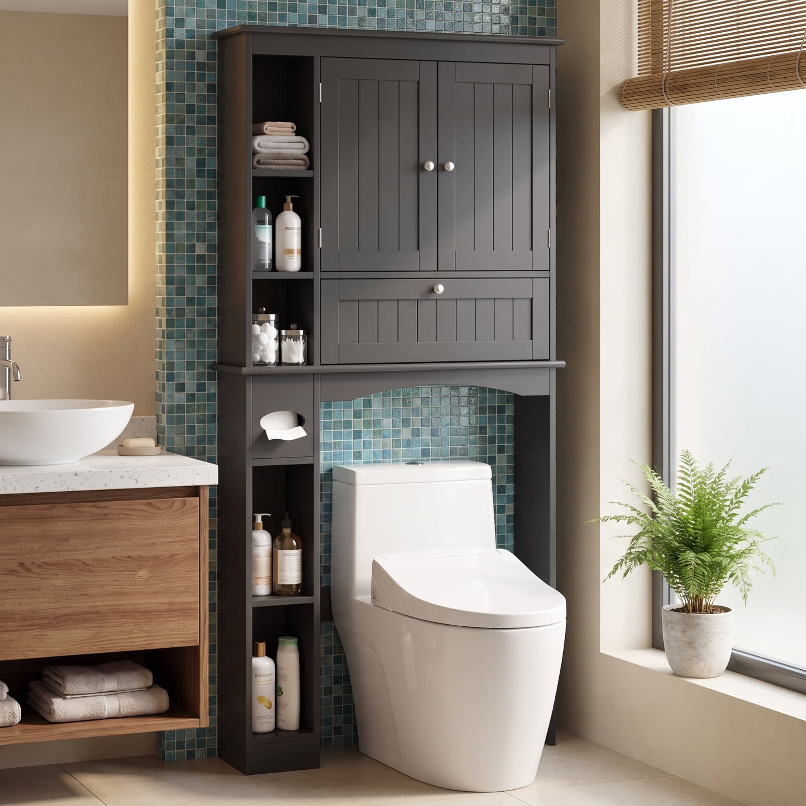 Vebreda Over-the-Toilet Storage Cabinet, Freestanding Bathroom Space Saver with 2 Cabinets, 5 Open Compartments and Height-Adjustable Bottom Bar, Tissue Box Slot, White and Black