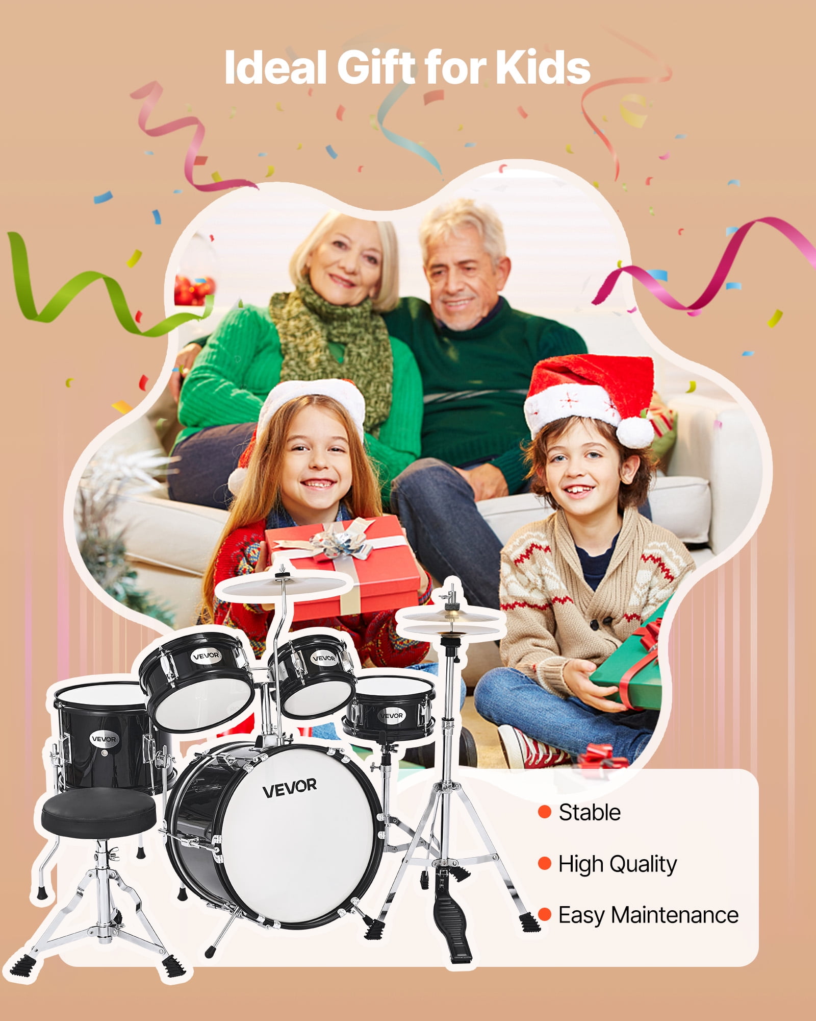 VEVOR Kids Drum Set,5-Piece 14 in Junior Drum Sets, Beginner Drums Set with Adjustable Throne, Cymbal & Two Pairs of Drumsticks, Musical Learning Drums Kit(Black)
