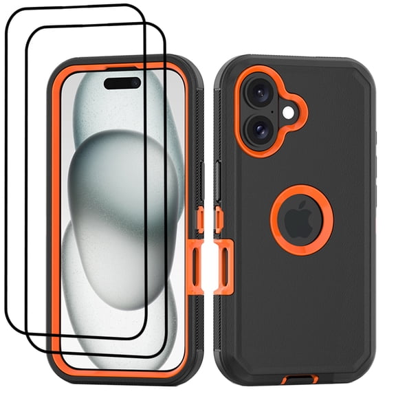 Hotpom Phone Case for iPhone 16 Plus Heavy Duty Shockproof Dustproof Case with Screen Protector tempered glass, Black/ Orange