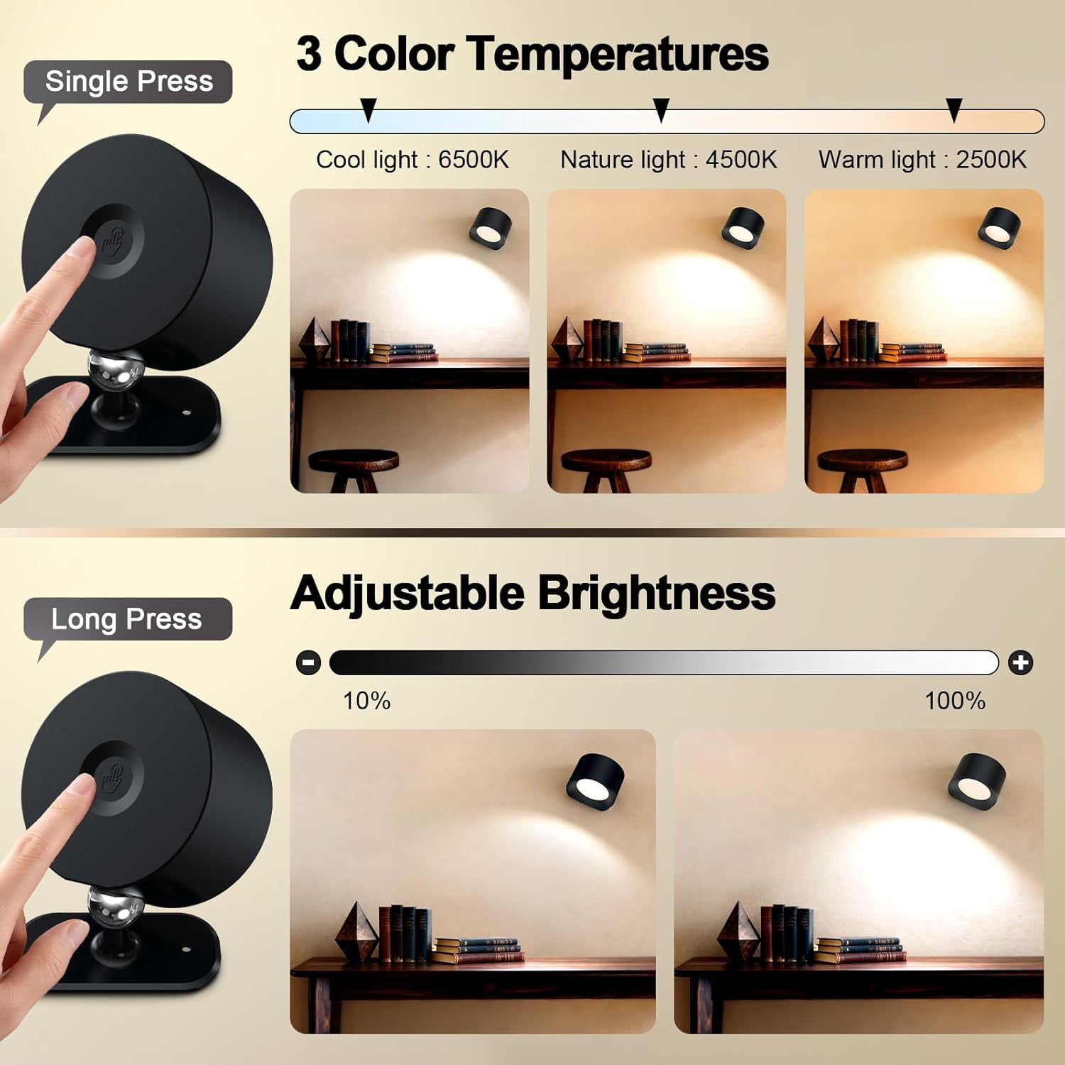 Cordless Rechargeable Wall Sconces with Remote, 3-Pack Dimmable LED Reading Lights, Magnetic 360° Rotatable Wall Mounted Lamp for Bedroom, Bedside, Hallway