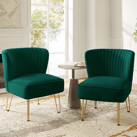 Velvet Armless Accent Chair Set of 2 Gold Metal Legs Modern Upholstered Single Sofa Side Chair Home Living Room Green