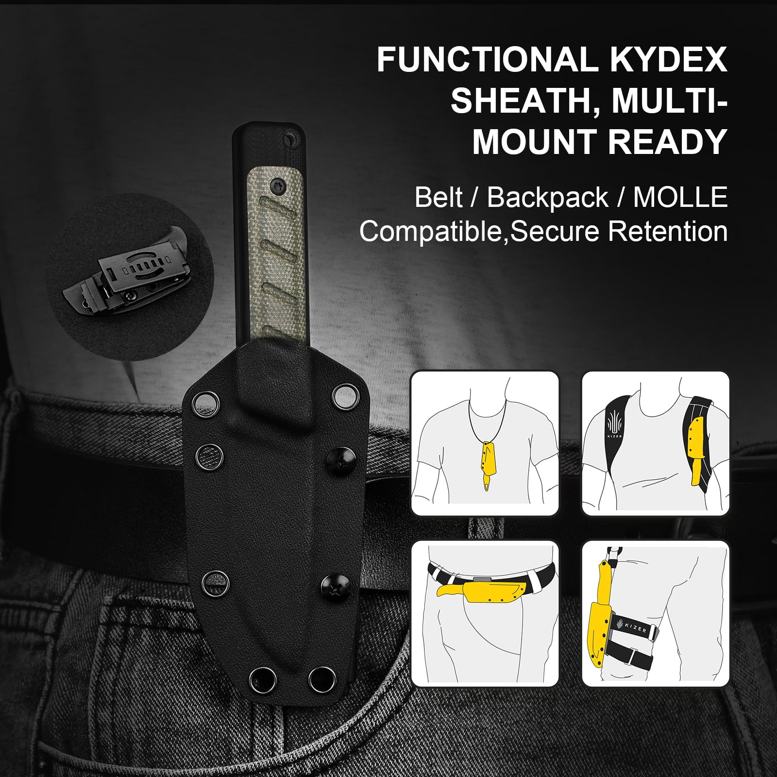 Kizer Smolt Fixed Blade with Kydex Sheath 1063A6 , 2.93" 14C28N Blade G10 + Micarta Handle Drop point EDC  Pocket Knife, Black & Green