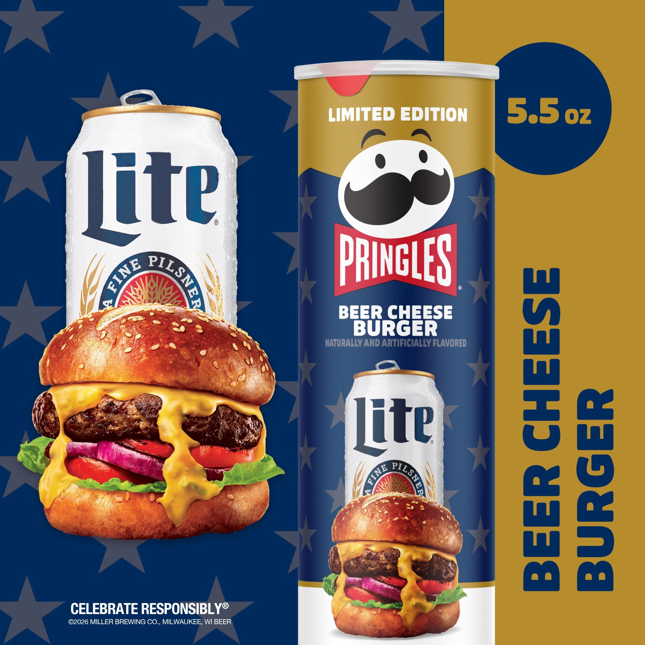 Pringles Beer Cheese Burger Potato Crisps Chips, Lunch Snacks, 5.5 oz Canister