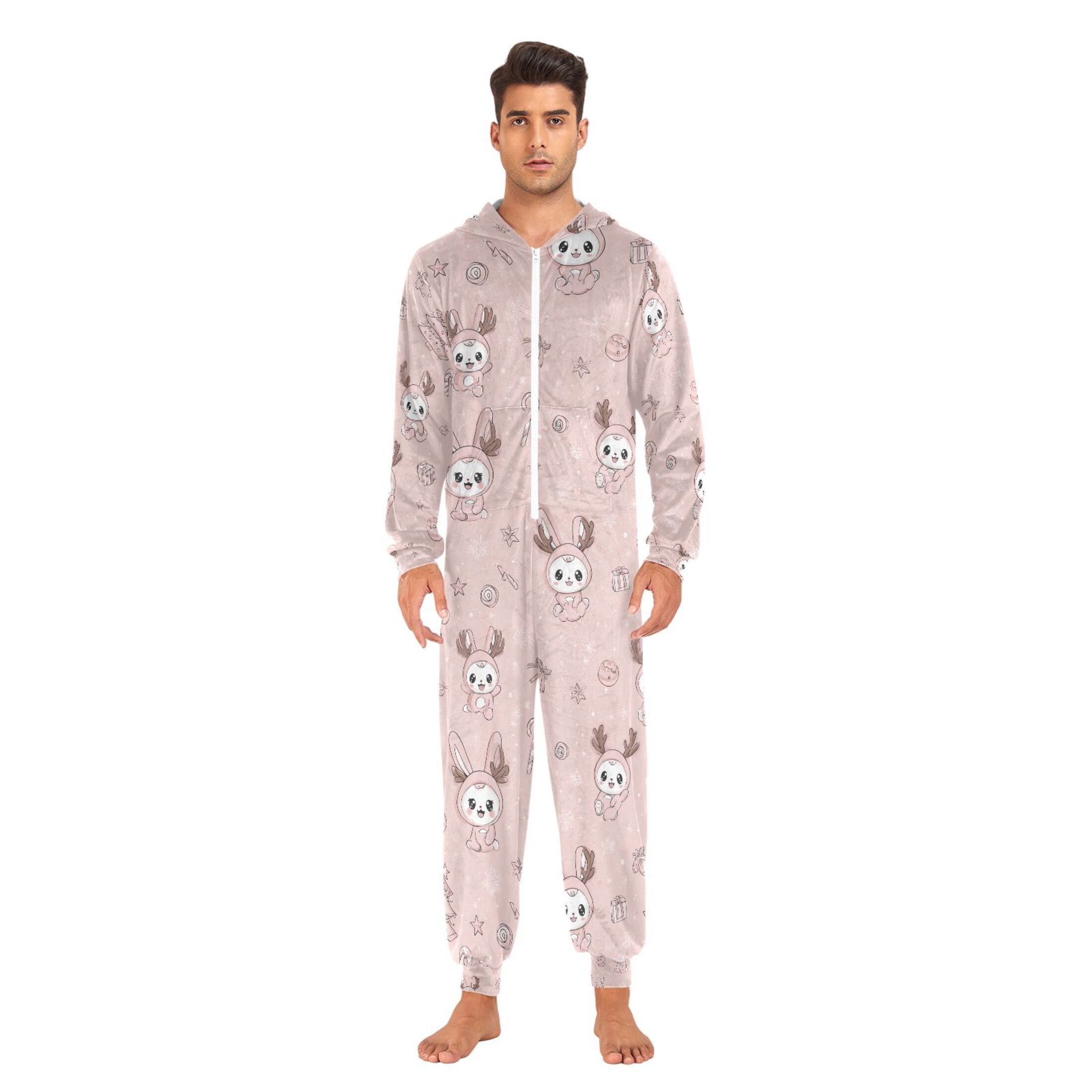 Adult Christmas Onesie Cute and Funny Rabbit Adult Zipper One-Piece Pajamas Unisex Pajamas with Pockets