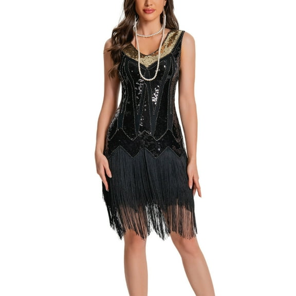 LYEAA Club Dresses for Women Party Plus Size Sleeveless V Neck Glitter Sequin Tassel Knee Length Dress Flowy Elegant Dress Solid Color Dress Vintage Fashion Holiday Dress Ball Gown Dress Black S