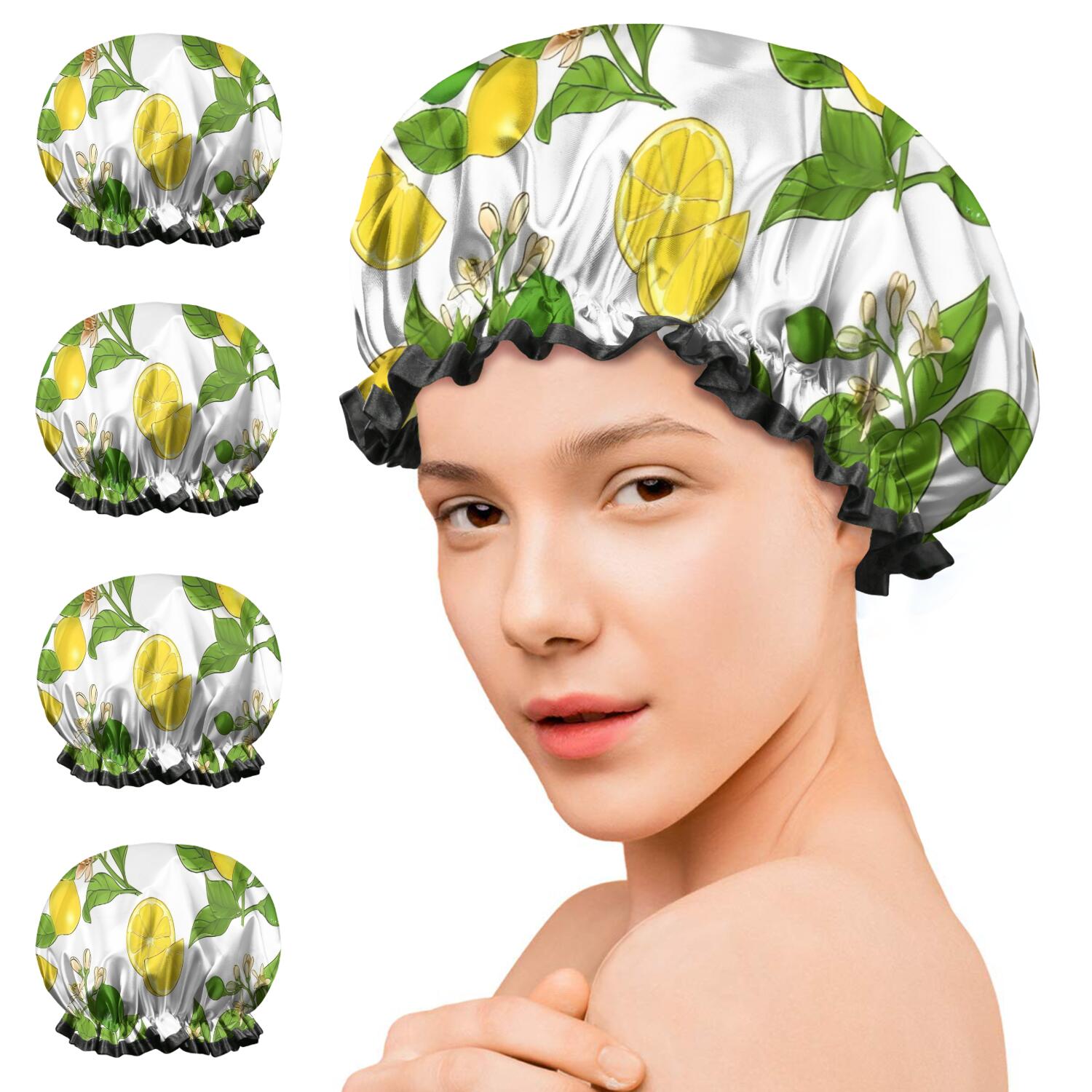 Shower Caps,Yellow Lemon Fruit Limes White Pattern Waterproof Shower Cap for Women 4 Pieces,Double Reusable Hair Cover for Shower PEVA Elastic Stretch Hem