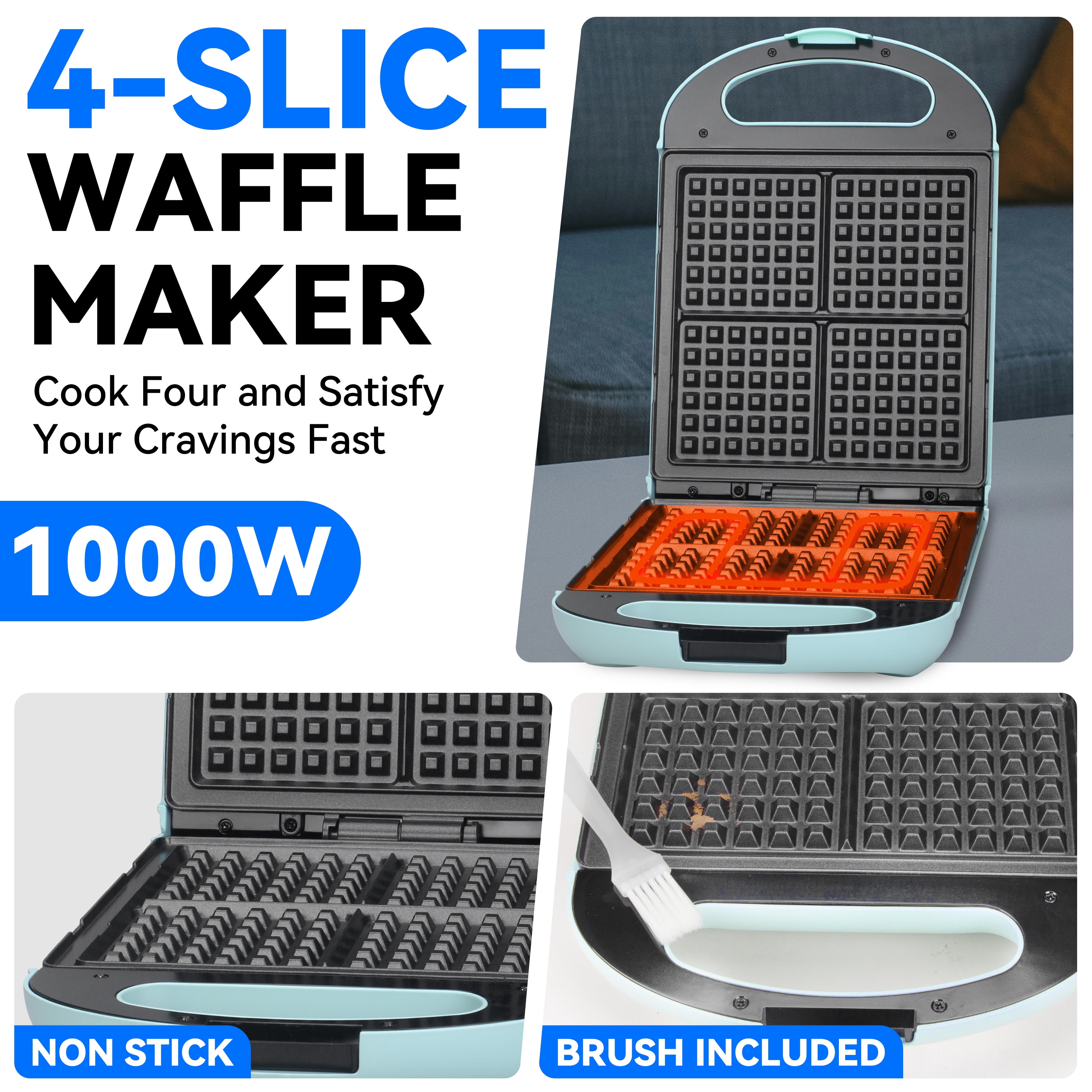Mailand 4-Slice Belgian Waffle Maker, Square Waffle Iron, Classic Waffle Wafflera with Non Stick Coating, 1000W, Aqua