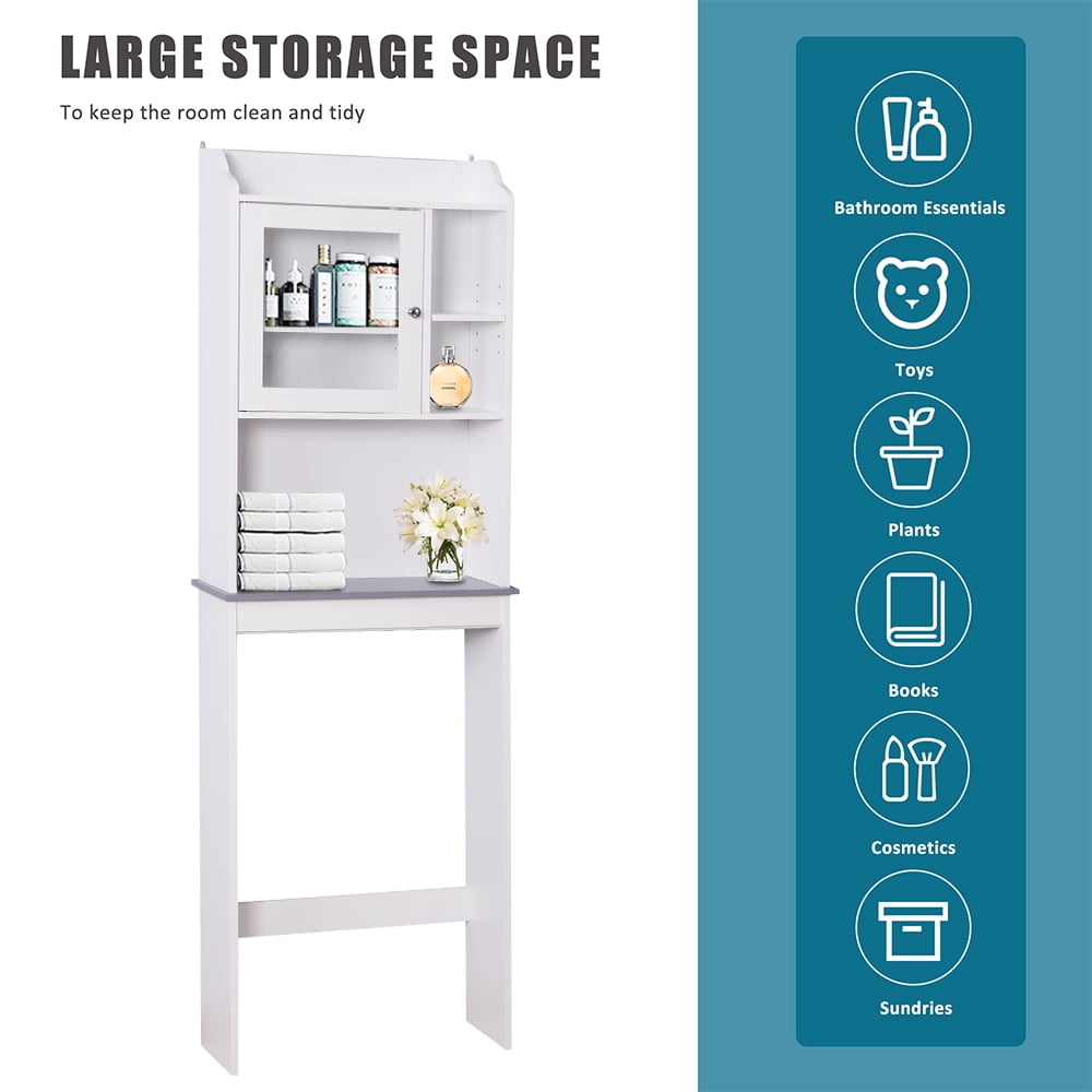 Over-The-Toilet Space Saver, Bathroom Storage Cabinet, Toilet Organizer with Adjustable Shelves and Door Cabinet, Wooden Behind Toilet Storage for Space Saving, Easy Assembly - White, K3822