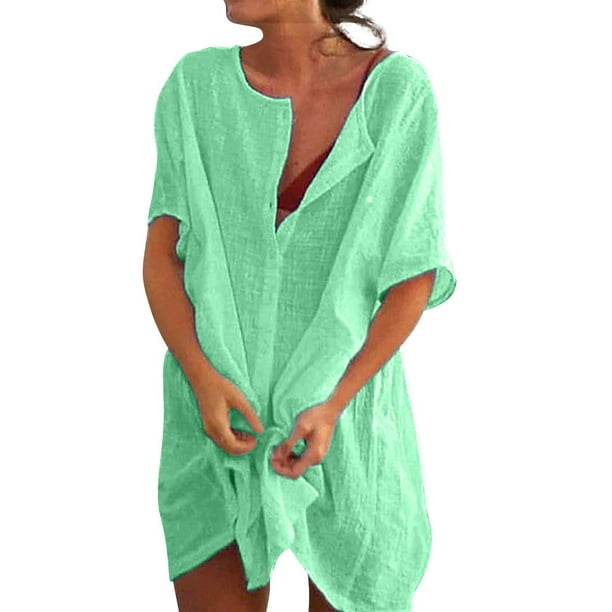 Camisa de gasa lisa holgada de manga corta y cuello redondo profundo para mujer, ideal para combinar con vaqueros o faldas, tallas S-XXL