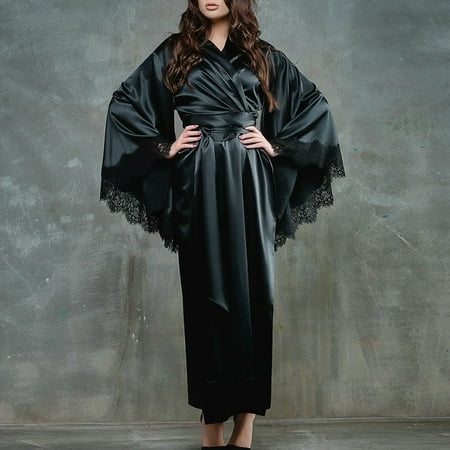 Ichuanyi Women Sexy Lace Satin Kimono Long Robe Bathrobe Lingerie Sleepwear Belt Pajamas