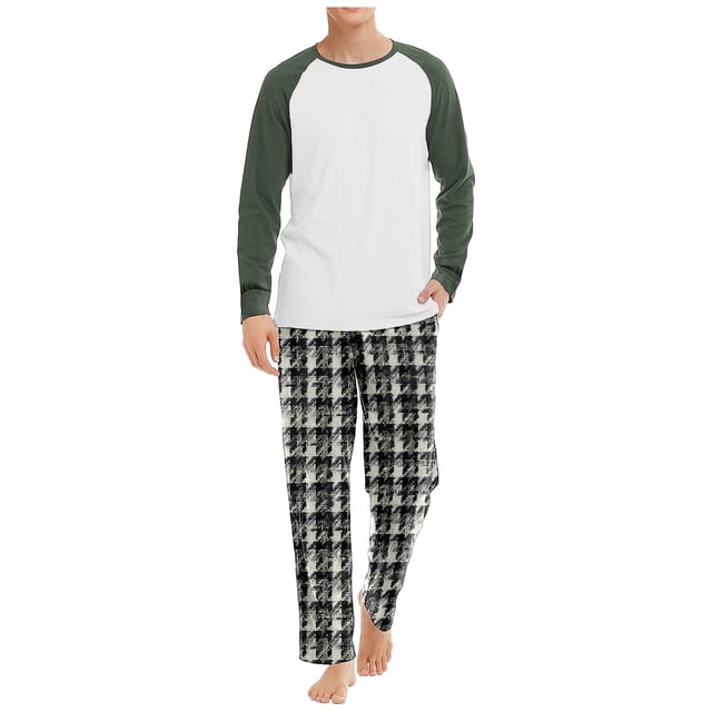 Uinagy Men's Colorblock Top and Plaid Print Trousers Two-Piece Home Wear Suit