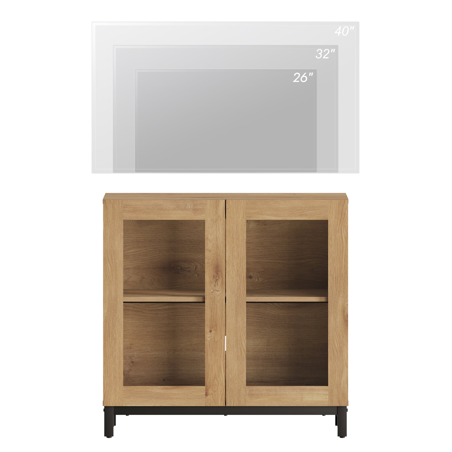 WAMPAT Modern TV Stand with Glass Doors for 32-40 inch TVs, Entertainment Center TV Console with Adjustable Shelves for Living Room, Bedroom, Oak