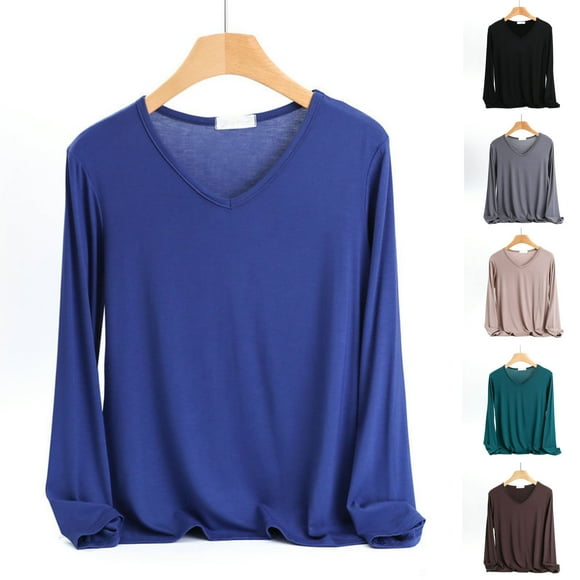 Fanxing Women V Neck Long Sleeve Tops Under Scrub Shirts Deals 2025 Slim Fit Tees Shirts Coffee,XL