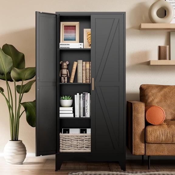 Black Farmhouse Storage Kitchen Pantry Cabinet with 2 Barn Door, 3 Adjustable Shelves and Legs, for Cupboard/Dining Room/Bathroom/Living Room/Office/Laundry Room (Black, 61" Farmhouse)