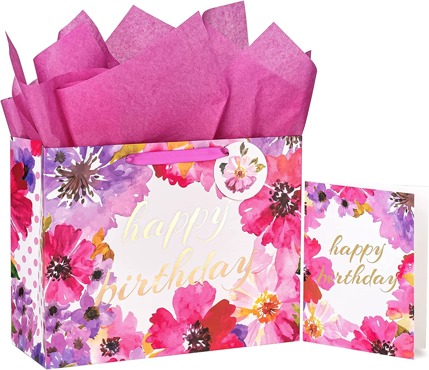 WRAPAHOLIC 13" Large Gift Bag with Card and Tissue Paper Floral Gold