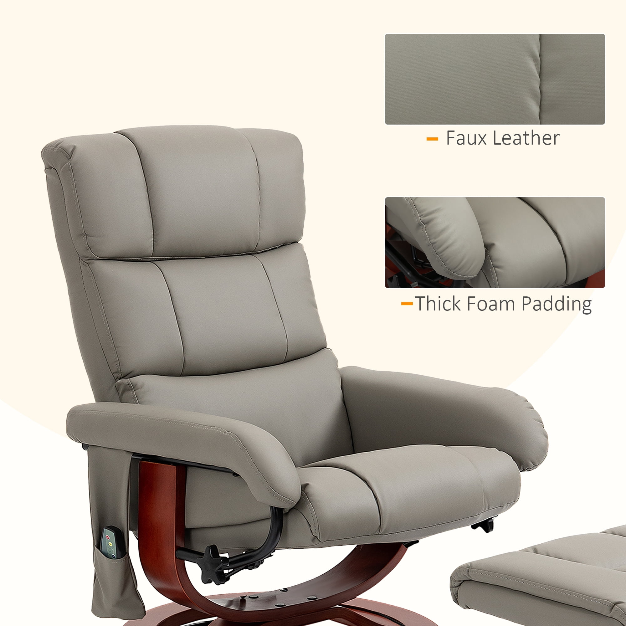 HOMCOM Massage Recliner Chair with Ottoman, Swivel Recliner and Footrest, Faux Leather Reclining Chair with Remote Control, 10 Vibration Point and Side Pocket, Gray