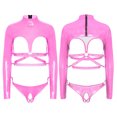 thumbnail image 3 of RUNQHUI Womens Long Sleeve Mock Neck Glossy Pu Bodysuit Hollow Out Design For Date Night Clubbing Red XXL, 3 of 3