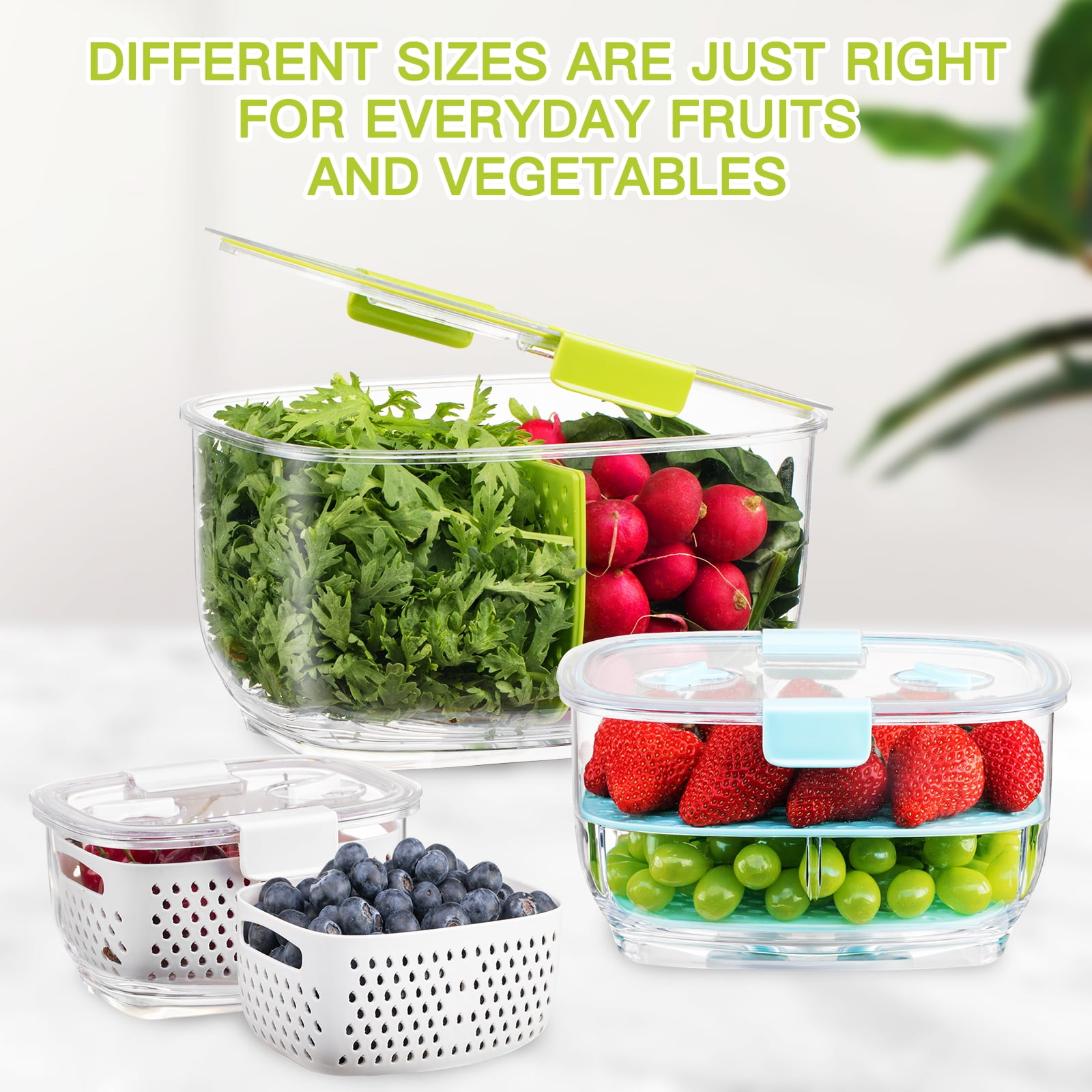 LUXEAR Fresh Container, BPA-free, Partitioned Fruit Storage Container 3 Pack Produce Container for Fridge, Green