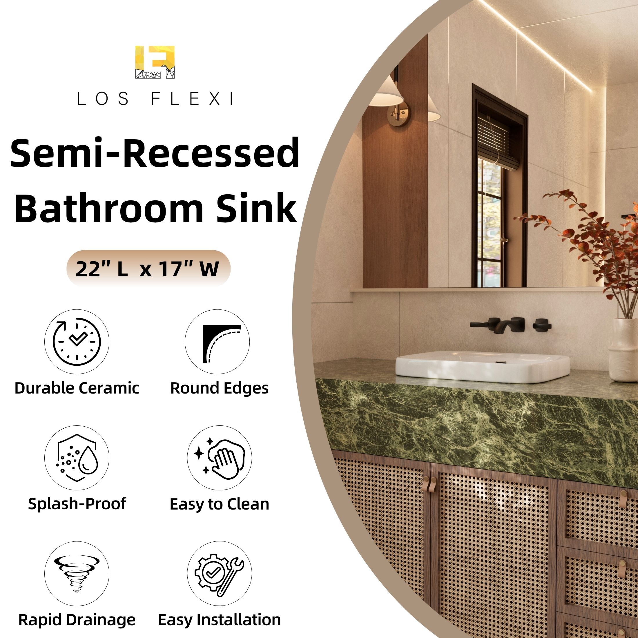 Los Flexi 22 in x 17 in White Rectangular Semi Recessed Bathroom Sink with Overflow Drop In Installation