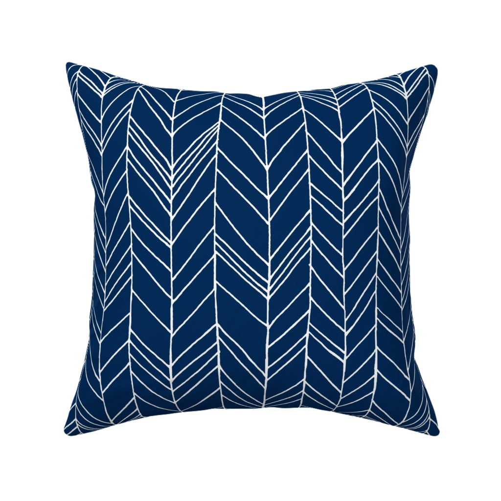 Square Throw Pillow, 18", Linen Cotton Canvas Navy White Large Chevron Herringbone Feather Mod
