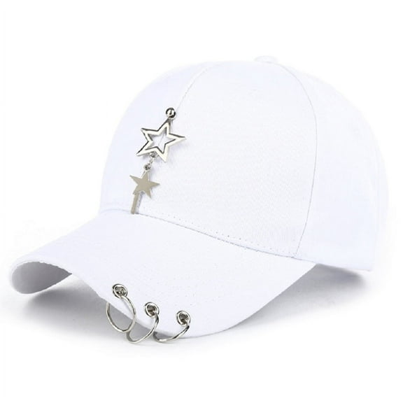 Unisex White Fitted Cap, K-pop Cap, Baseball Cap with Ring Chain, Metallic Cap, Unique Cap, Cap with Star, WHITE