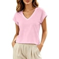 thumbnail image 4 of Womens Summer Tops Cap Short Sleeve Crop V Neck T Shirts Boxy Casual Basic Summer Tee(Pink,M), 4 of 4