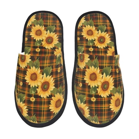 Balery Yellow Black Plaid Sunflower Slient Indoor Furry Fleece Comfort House Shoes Soft Non-Slip Home Shoes Cotton slippers House Slippers-- Large