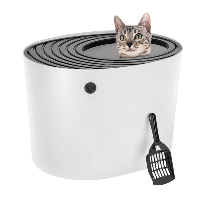 Bandeja de Arena para Gatos IRIS USA Blanco Negro Entrada Superior con Pala y Diseño Curvo