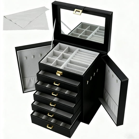 6 Layers Womens Jewellery Boxes Table Top Large Leather Chest Jewelry Organizer Case w/ Removeable Drawers