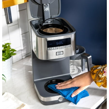 GE - 12 Cup Programmable Coffee Maker with Adjustable Keep Warm Plate and Glass Carafe - Stainless Steel