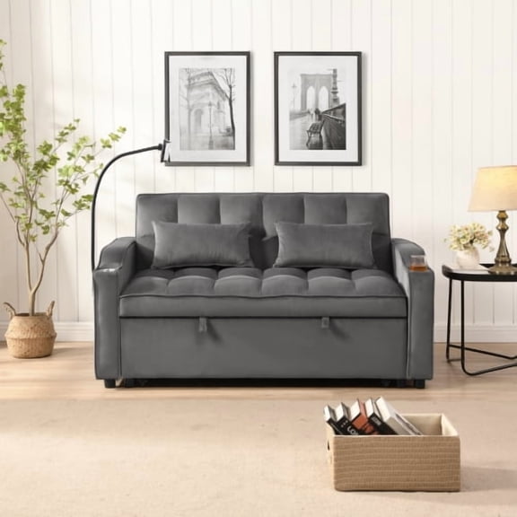 Modern Velvet Loveseat Futon Sofa Couch w/Pullout Bed,Small Love Seat Lounge Sofa with adjustable Reclining Backrest,Toss Pillows, Pockets,Furniture for Living Room,3 in 1 Convertible Sleeper Sofa Be