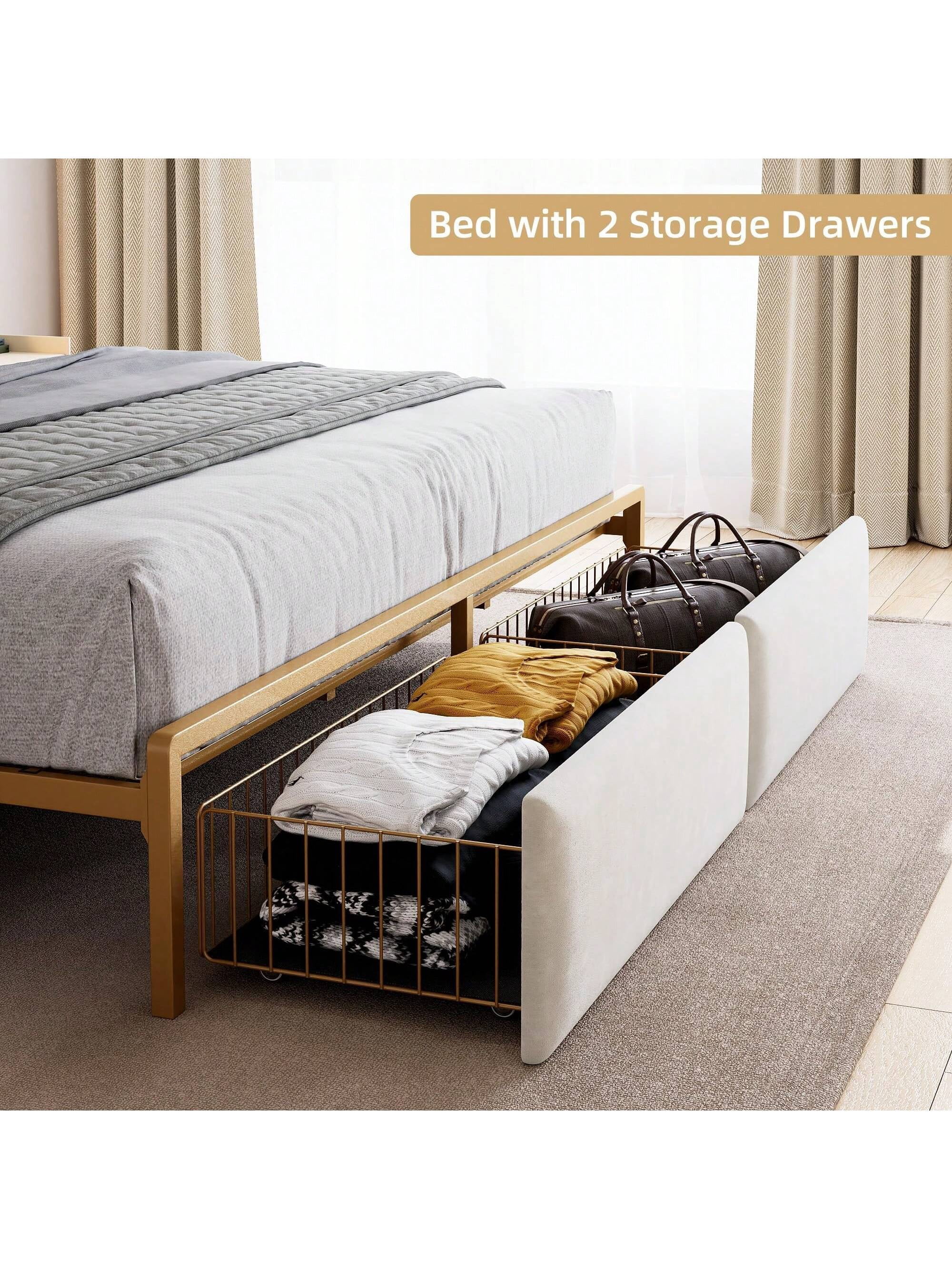 White King size bed King Size Bed Frame, Platform Bed Frame With RGB LED Lights And 2 Storage Drawers Headboard, Upholstered Bed Frame With USB Ports & Outlets And Storage Headboard, Noise Free, Whi