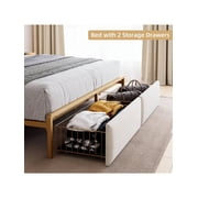 White King size bed King Size Bed Frame, Platform Bed Frame With RGB LED Lights And 2 Storage Drawers Headboard, Upholstered Bed Frame With USB Ports & Outlets And Storage Headboard, Noise Free, Whi