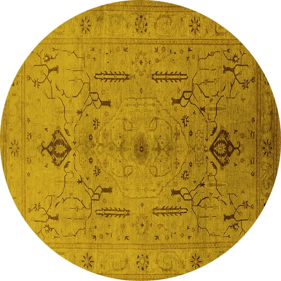 Ahgly Company Machine Washable Indoor Round Oriental Yellow Traditional Area Rugs, 6' Round
