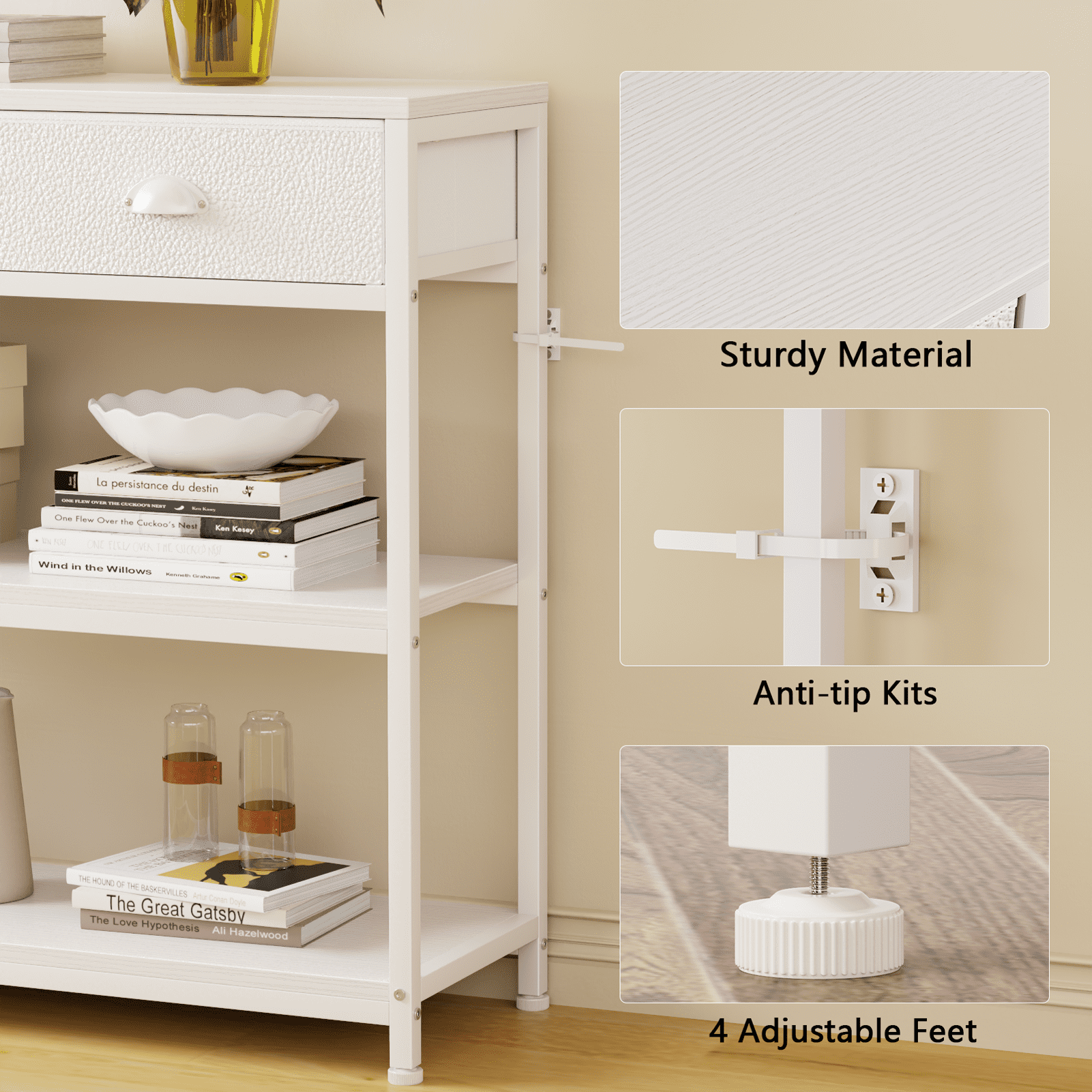Satifur 47" Entryway Table with 3 Fabric Drawers, Console Table Metal Frame Sofa Table with 2 Shelves for Living Room and Hallway, White