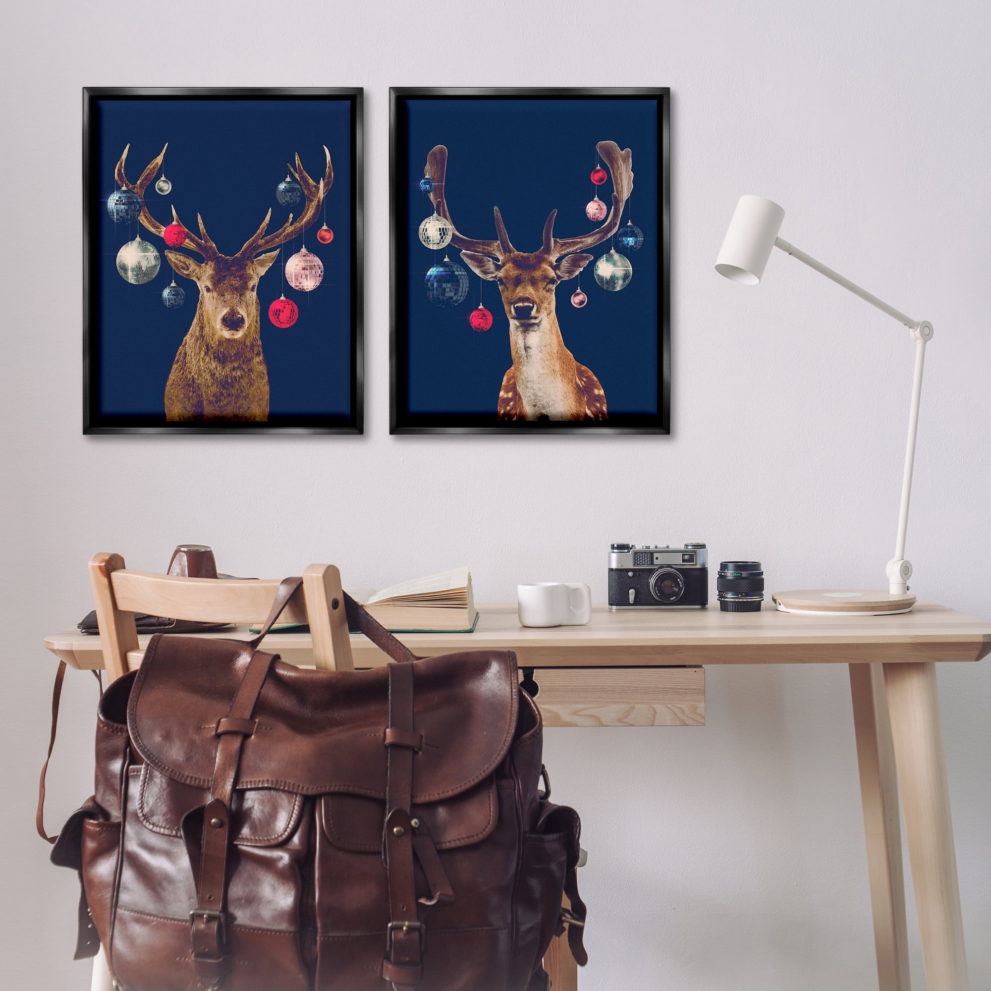 Stupell Industries Navy Brown Disco Deer Holiday Painting Black Floater Framed Canvas Art Print Wall Art, 31 x 25, Set of 2