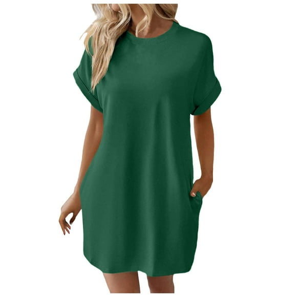 Women Soft T Shirt Dress Short Sleeve Casual Summer Tunic Dress Loose Loose Dress With Pockets Women'S Casual Dress Green L