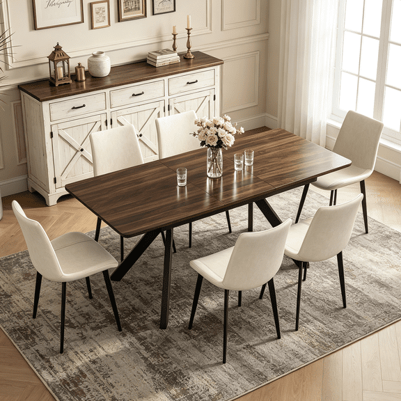 55"-71" Extendable Dining Table for 6, Kitchen Table witn 6 Upholstered Beige Chairs, 7 Piece Table Set for Dining Room Living Room, Space Saving