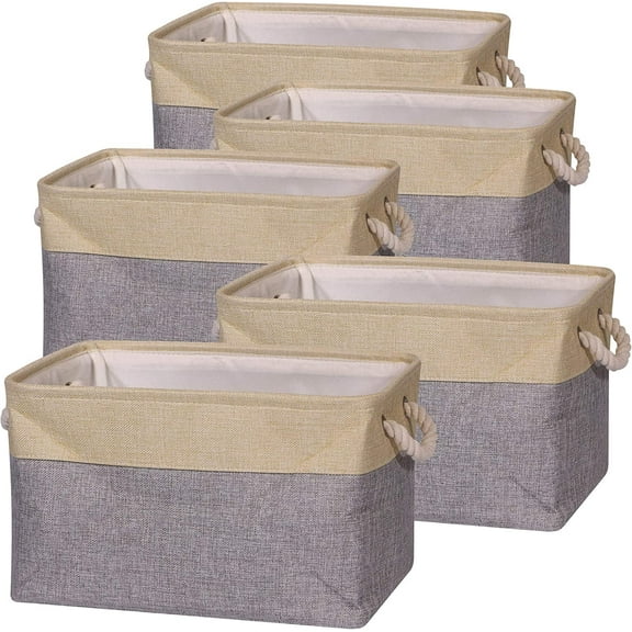 5 Pack Large Storage Basket Bin Foldable Storage Cube Box Canvas Fabric Collapsible Organizer with Handles for Closet Home Office Clothes Shelf Nursery, Grey Beige