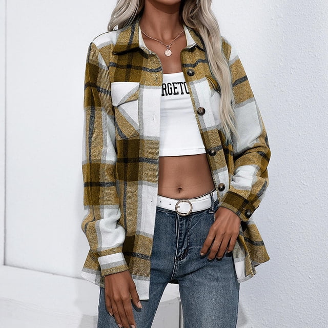 Camisa a cuadros para mujer, con botones, de mezcla de lana, chaqueta fina, blusa informal de manga larga con bolsillo$Camisa con capucha a cuadros para mujer, blusa a cuadros para mujer,