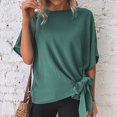 thumbnail image 2 of Women Summer Top Knotted Hem Back Pleated Midline Keyhole Back Half Sleeves Round Neck Summer Shirt Top Bean Green S, 2 of 8